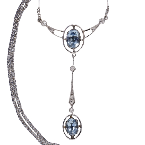 227 - BELLE EPOQUE AQUAMARINE AND DIAMOND DROP NECKLACE, 
7.3 grams, testing high carat gold.
Aquamarine t... 