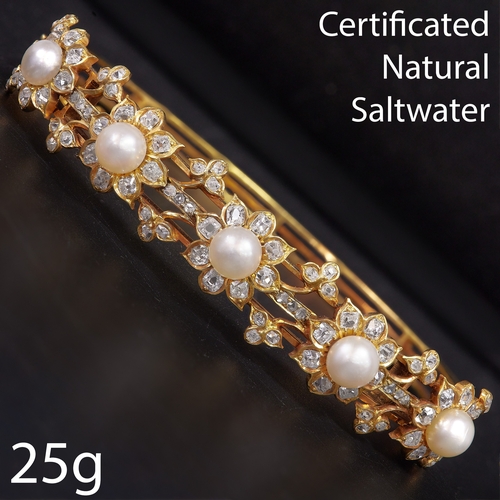 228 - CERTIFICATED NATURAL SALTWATER PEARL AND DIAMOND BANGLE, 
25 grams, High carat gold. 
Pearls with go... 