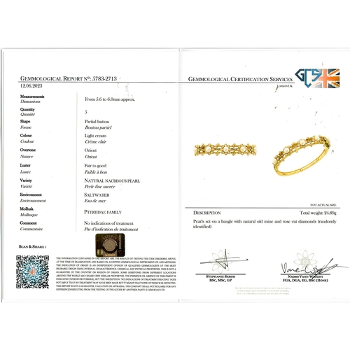 228 - CERTIFICATED NATURAL SALTWATER PEARL AND DIAMOND BANGLE, 
25 grams, High carat gold. 
Pearls with go... 