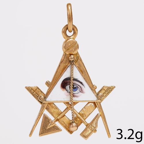 234 - UNUSUAL ENAMEL MASONIC GOLD PENDANT,
3.2 grams.
Instruments including a compass and square.
With a m... 
