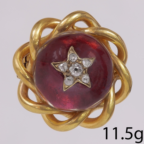 201 - VICTORIAN GARNET AND DIAMOND BROOCH,
11.5 grams, high carat gold.
Diamonds bright and lively, in sta... 