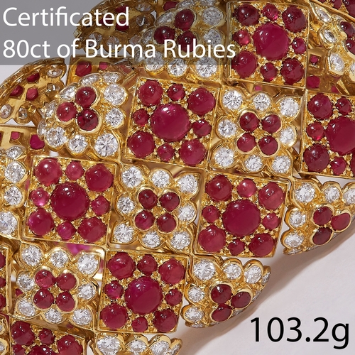 47 - MAGNIFICENT CERTIFICATED BURMA 'MOGOK' RUBY AND DIAMOND BRACELET
103.2 grams, 18 ct. gold.
Gemstones... 