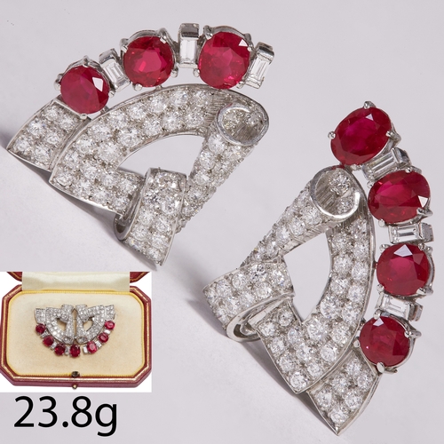 8 - IMPORTANT ART-DECO BURMA 'MONG HSU'  RUBY AND DIAMOND DOUBLE CLIP BROOCH
Platinum.
Gemstones totalli... 
