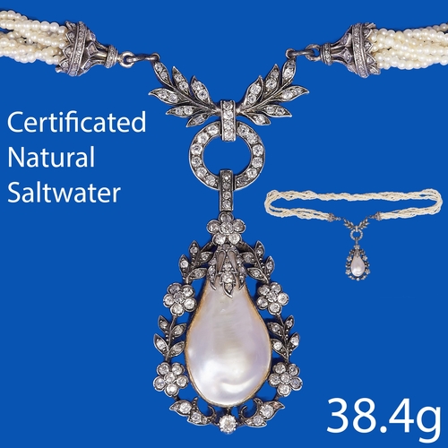 125 - FINE BELLE EPOQUE NATURAL SALTWATER PEARL AND DIAMOND DROP NECKLACE,38.4 grams. The necklace of 3 en... 