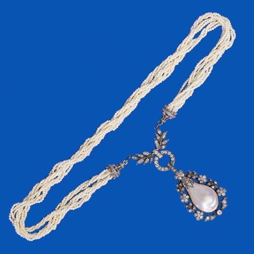 125 - FINE BELLE EPOQUE NATURAL SALTWATER PEARL AND DIAMOND DROP NECKLACE,38.4 grams. The necklace of 3 en... 