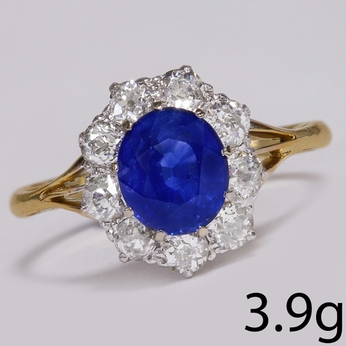 136 - SAPPHIRE AND DIAMOND CLUSTER RING,
3.9 grams, 18 ct. gold.
Gemstones totalling approx. 2.50 ct.
Sapp... 