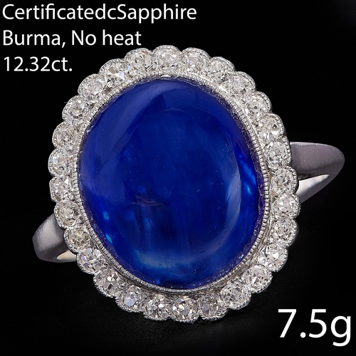 137 - CERTIFICATED 12.32 CT. BURMA SAPPHIRE AND DIAMOND CLUSTER RING, 
7.5 grams.
Rich and vibrant cabocho... 