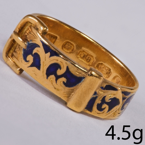 155 - UNUSUAL ANTIQUE ENAMEL BUCKLE RING.
4.5 grams. 18 ct. gold.
Enamel in good condition.
Size: L