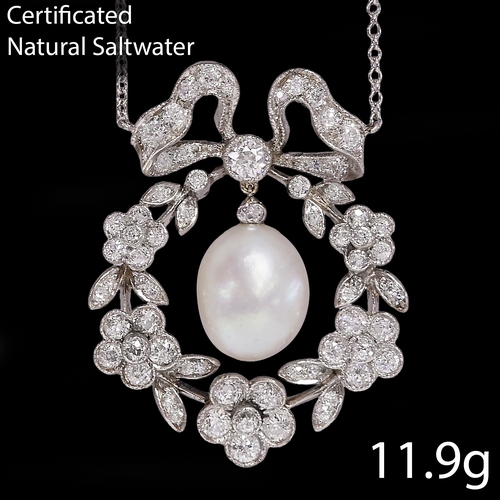 162 - FINE BELLE EPOQUE CERTIFICATED NATURAL SALTWATER PEARL AND DIAMOND PENDANT
11.9 grams, testing 18 ct... 