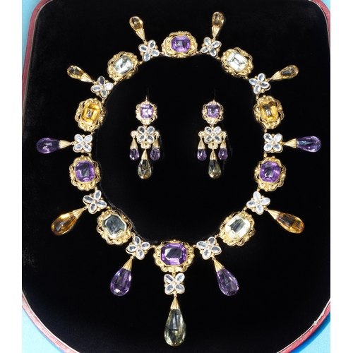 181 - MAGNIFICENT AND RARE GEORGIAN MULTI-GEMSTONE NECKLACE AND EARRING DEMI PARURE,
96 grams, High carat ... 