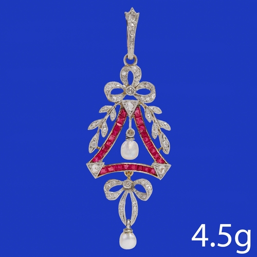 189 - BELLE EPOQUE RUBY, DIAMOND AND PEARL PENDANT 
4.5 grams    high carat gold and Platinum 
rich vibran... 