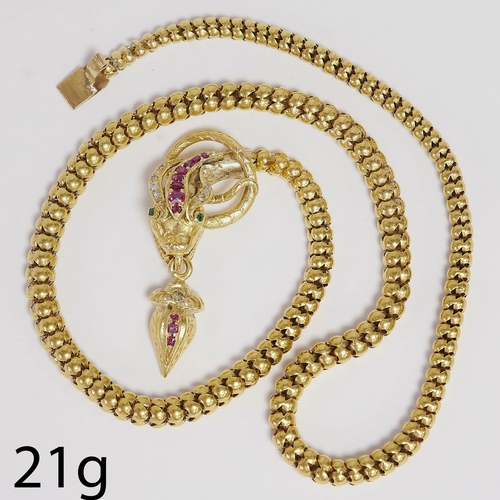 212 - IMPORTANT VICTORIAN RUBY, DIAMOND AND EMERALD SNAKE NECKLACE 
21 grams. tests as 18 ct. gold 
Vibran... 