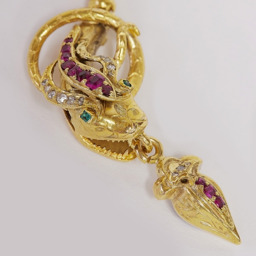212 - IMPORTANT VICTORIAN RUBY, DIAMOND AND EMERALD SNAKE NECKLACE 
21 grams. tests as 18 ct. gold 
Vibran... 