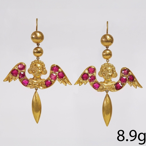 218 - PAIR OF PUTTI RUBY EARRINGS 
8.9 grams, high carat gold 
with rich vibrant rubies 
totalling approx.... 