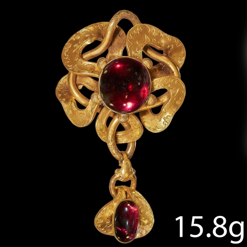 231 - VICTORIAN GARNET BROOCH,
15.8 grams, testing 18 ct. gold.
Vibrant cabochon cut garnets.
Drop with lo... 
