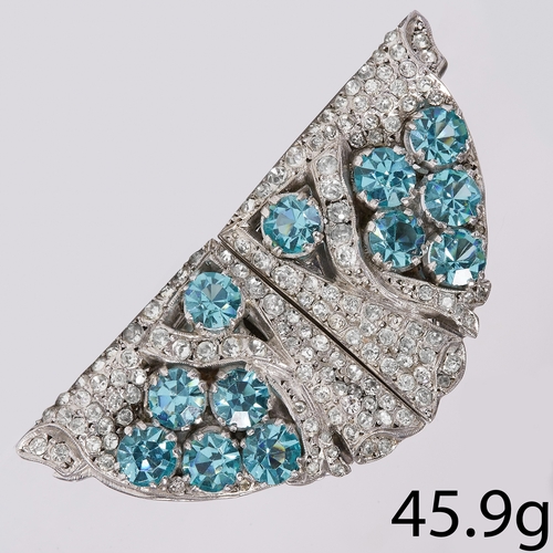 236 - ART-DECO PASTE DOUBLE CLIP BROOCH,
45.9 grams. 
Vibrant blue and white paste.
W. 6 cm.
Can be worn a... 