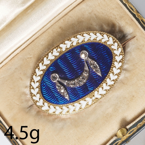 237 - ANTIQUE VICTORIAN DIAMOND AND ENAMEL GOLD BROOCH,
Dated 9th of June, 1898.
4.5 grams.
Diamonds brigh... 