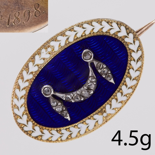 237 - ANTIQUE VICTORIAN DIAMOND AND ENAMEL GOLD BROOCH,
Dated 9th of June, 1898.
4.5 grams.
Diamonds brigh... 