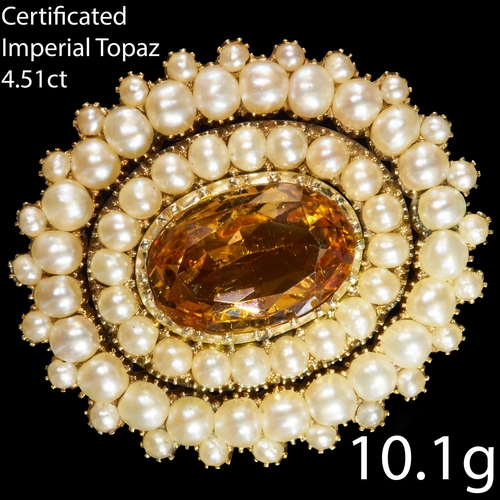 200 - CERTIFICATED, IMPERIAL TOPAZ AND PEARL BROOCH,
10.1 grams, testing 14 ct. gold.
Rich and vibrant ora... 