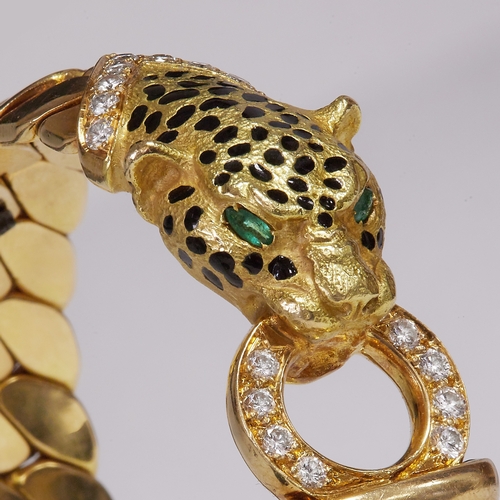 154 - EMERALD DIAMOND AND ENAMEL PANTHER BRACELET,
55.9 grams, 18 ct. gold.
The panther decorated with bla... 