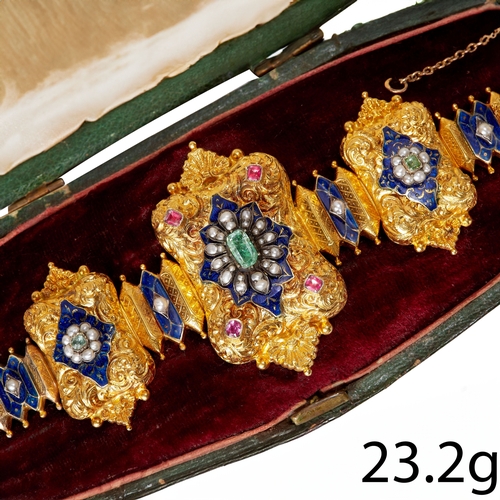 189 - RARE ANTIQUE EMERALD RUBY PEARL AND ENAMEL BRACELET, 
23.2 grams. High carat gold, Possibly Russian.... 