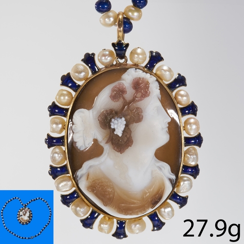 25 - VICTORIAN CAMEO ENAMEL AND NATURAL SALTWATER PEARL PENDANT WITH NECKLACE.
27.9 grams, Testing 18 ct.... 