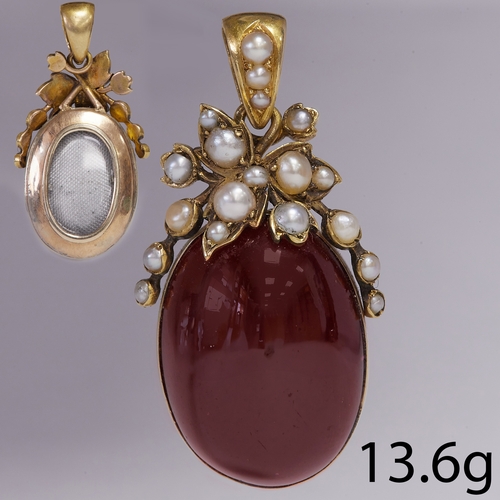 239 - ANTIQUE GOLD GARNET AND PEARL PENDANT. 
13.6 grams.
Large and vibrant cabochon cut garnet of approx.... 