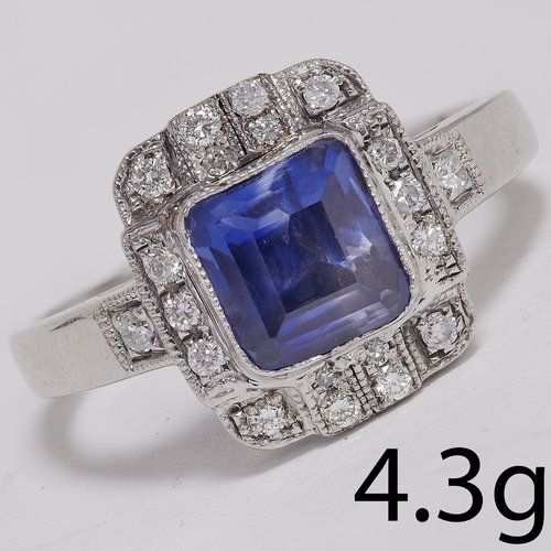 115 - ART-DECO DESIGN SAPPHIRE AND DIAMOND CLUSTER RING,
4.3 grams, tested high carat gold.
vibrant blue s... 