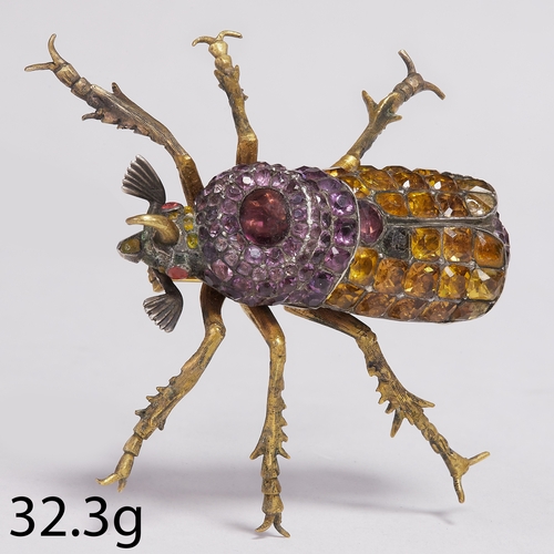 124 - MAGNIFICENT AND RARE GEORGIAN 18TH CENTURY BEETLE BROOCH, 
32.3 grams.
Set with orange and purple pa... 