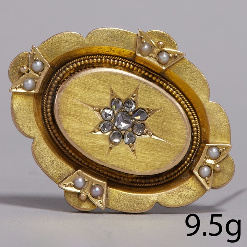 126 - VICTORIAN DIAMOND BROOCH. 
9.4 grams, testing 15 ct. gold.
Lively diamonds.
Pearls well matched.
L  ... 