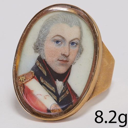 127 - GEORGIAN PAINTED OFFICER ROMAN SETTING GOLD RING.
8.2 grams.
Fine painted miniature of a handsome yo... 