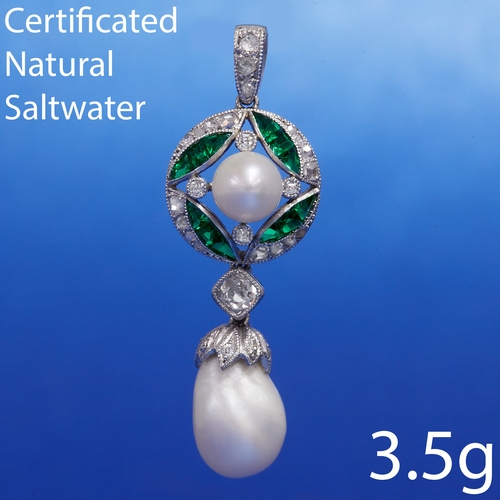 130 - ART-DECO CERTIFICATED NATURAL SALTWATER PEARL DIAMOND AND EMERALD PENDANT,
3.5 grams, testing platin... 