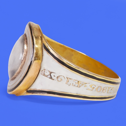 143 - RARE GEORGIAN ENAMEL MEMORI RING,
5.7 grams., testing 18 ct. gold.
Fine white and black enamel.
The ... 