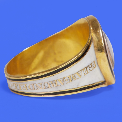 143 - RARE GEORGIAN ENAMEL MEMORI RING,
5.7 grams., testing 18 ct. gold.
Fine white and black enamel.
The ... 