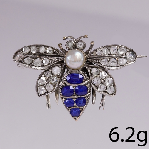 152 - VICTORIAN SAPPHIRE, DIAMOND AND PEARL BEE BROOCH 
6.2 grams 
rich vibrant sapphires with no abrasion... 