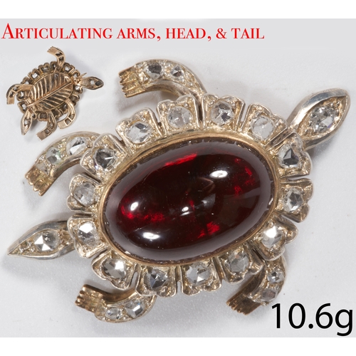 154 - UNUSUAL ANTIQUE DIAMOND AND GARNET TURTLE BROOCH,
Fine cabochon cut garnet of approx. 17.75 x 11.8 m... 