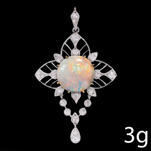 155 - EDWARDIAN OPAL AND DIAMOND PENDANT,
3 grams, testing 18 ct. gold.
Vibrant cabochon cut opal with goo... 