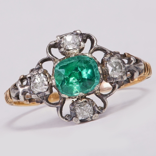 156 - GEORGIAN EMERALD AND DIAMOND RING,
2.2 grams. 
Vibrant emerald. 
Diamond bright and lively
Size O 1/... 