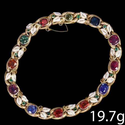 158 - FINE ANTIQUE SAPPHIRE, MULTI GEM AND ENAMEL BRACELET,
19.7 grams, high carat gold.
Multi gemstones i... 