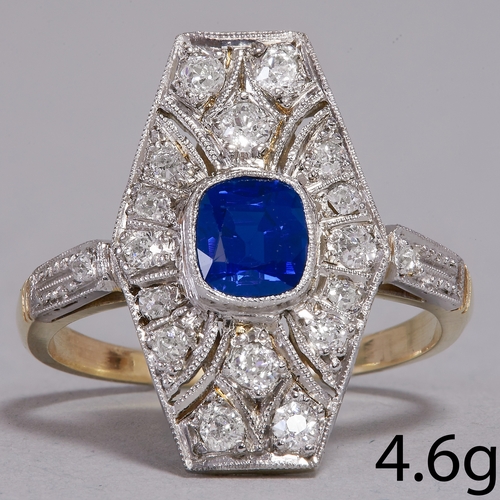 159 - ART-DECO SAPPHIRE AND DIAMOND RING,
4.6 grams, testing 14 ct. gold.
Rich and vibrant blue sapphire o... 