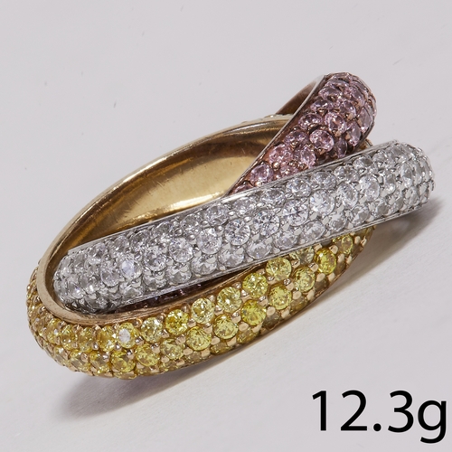 162 - PUZZLE RING,
12.3 grams, 14 ct. & 18 ct. gold.
Set with white, yellow and pink stones.
Size L 1/2.