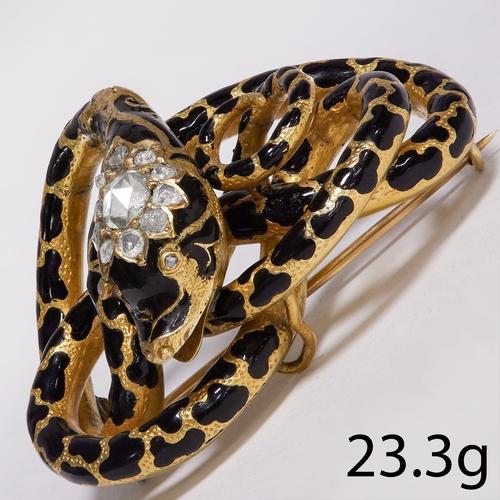 187 - VICTORIAN ROSE CUT DIAMOND AND ENAMEL SNAKE BROOCH
23.3 gram. testing 18 ct. gold.
Bright and lively... 