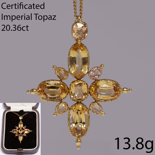 189 - CERTIFICATED ANTIQUE IMPERIAL TOPAZ CROSS PENDANT, 
13.8 grams, testing 18 ct. gold.
Set with 5 larg... 