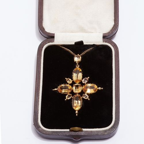 189 - CERTIFICATED ANTIQUE IMPERIAL TOPAZ CROSS PENDANT, 
13.8 grams, testing 18 ct. gold.
Set with 5 larg... 