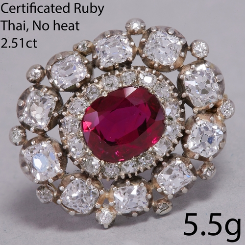 2 - CERTIFICATED ANTIQUE RUBY AND DIAMOND BROOCH,
5.5 grams.
Rich and vibratn ruby of approx. 2.51 ct. (... 