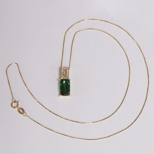 25 - TOURMALINE AND DIAMOND NECKLACE 
3 grams. 18 ct. gold 
rich vibrant tourmaline with great clarity, a... 