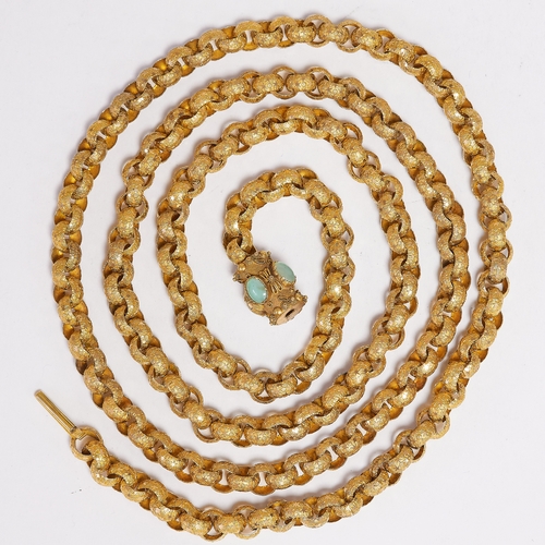 39 - RARE ANTIQUE GEORGIAN LONG CHAIN NECKLACE,
70.4 grams, high carat gold.
The clasp set with green sto... 