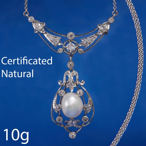 55 - CERTIFICATED NATURAL PEARL AND DIAMOND NECKLACE,
10 grams, High carat gold.
The pearl of approx. 9.7... 