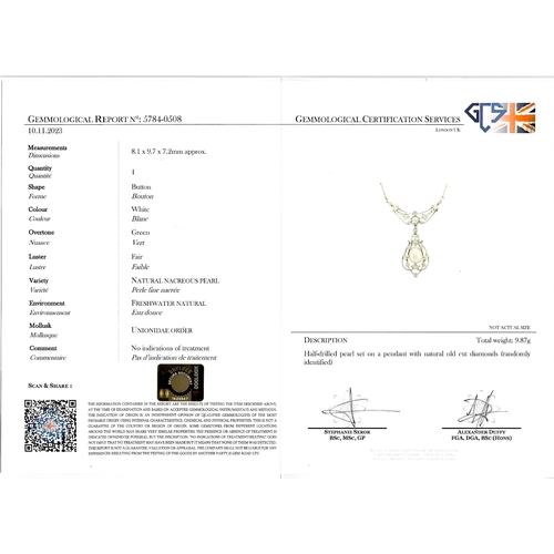 55 - CERTIFICATED NATURAL PEARL AND DIAMOND NECKLACE,
10 grams, High carat gold.
The pearl of approx. 9.7... 