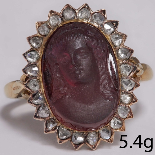 58 - ANTIQUE CAMEO AND DIAMOND CLUSTER RING,
5.4 grams, testing 14 ct. gold.
Fine amethyst cameo depictin... 